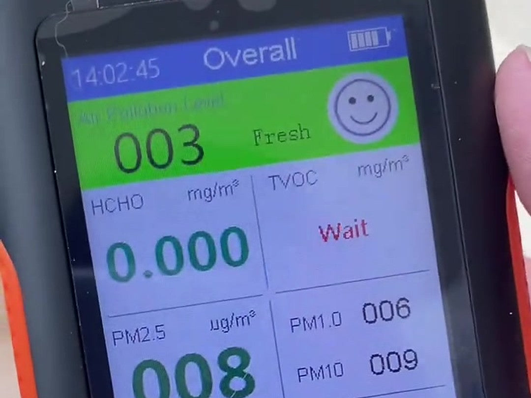 An air-quality meter held inside a freshly unwrapped bowl